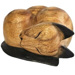 Vintage Hand Carved Wooden Sleeping Cat  Folk Art Decor For Cat Lovers